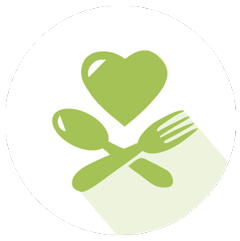 on this illustration, there is a spoon and a fork crossed. They stay below a green heart, symbol of health.