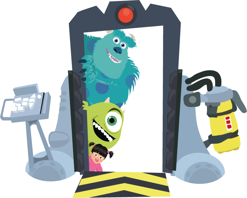 illustration of sulley, mike and Boo on the Boo's door